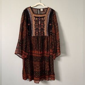 Anthropologie Black & Rust Patterned Mini Dress